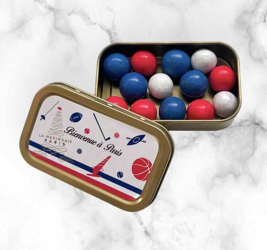 Boite métal rectangle petite- boules croustillantes (céréales et choco lait) bleu blanc rouge