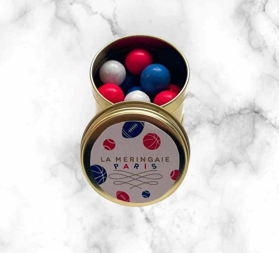 Boite métal ronde - boules croustillantes (céréales et choco lait) bleu blanc rouge